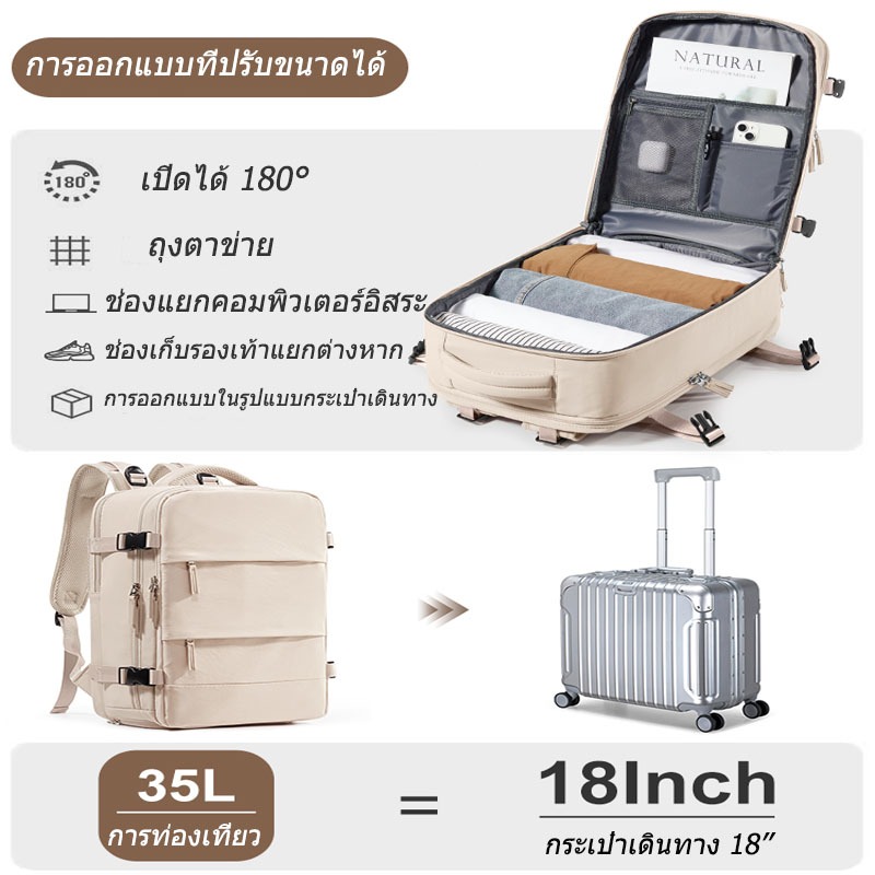 Travel Backpack กระเป๋าเป้สะพายหลัง 15.6 นิ้ว 35L กันน้ำได้อย่างรวดเร็วเข้าถึงแล็ปท็อปเดินทางกระเป๋