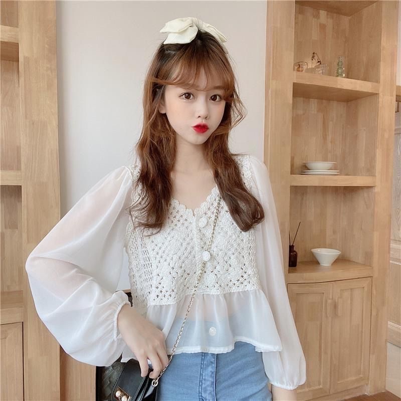 🧡LINNA🧡ลูกไม้ คอวี เสื้อแขนยาว เวอร์ชั่นเกาหลี สไตล์ใหม่ หวาน