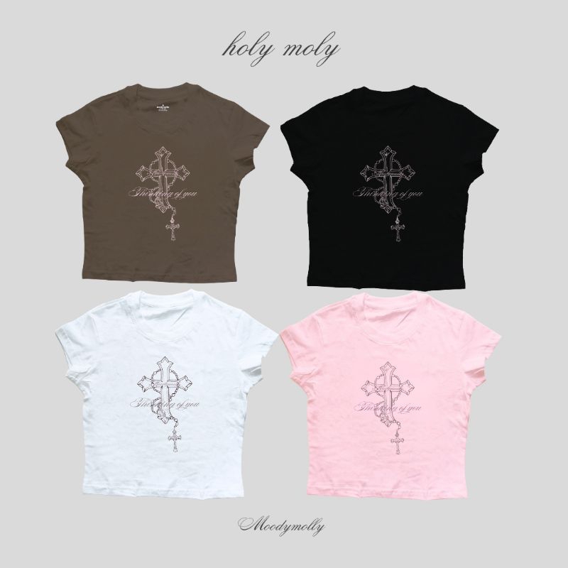 (moodymolly) เสื้อยืด Babytee รุ่น Holymolly กางเขน gothic สีขาวผ้าไม่บาง