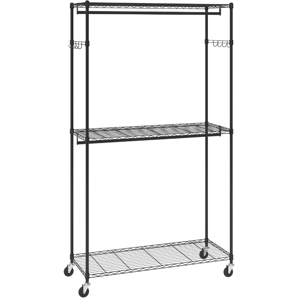 โครงตู้เสื้อผ้ามีล้อ360°ความสูงปรับได้ราวแขวนผ้า มี3ชั้นเก็บของ2แท่งและ2ข้างตะขอ ขนาด 90x45x180ซม