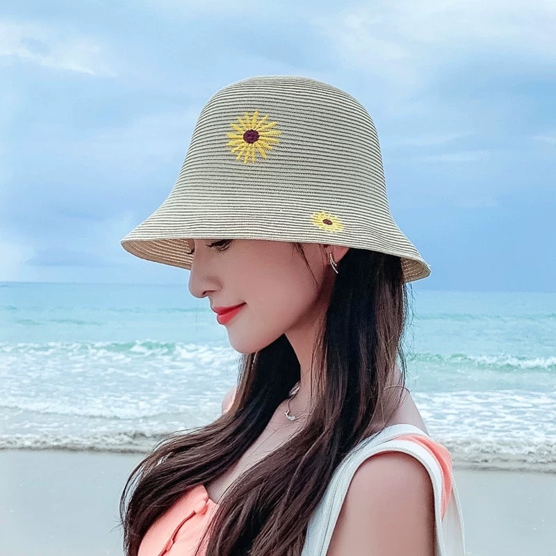 หมวกฟางปีกกว้าง ทรงบักเก็ตสาน กันแดด แฟชั่นฤดูร้อน สําหรับผู้หญิง