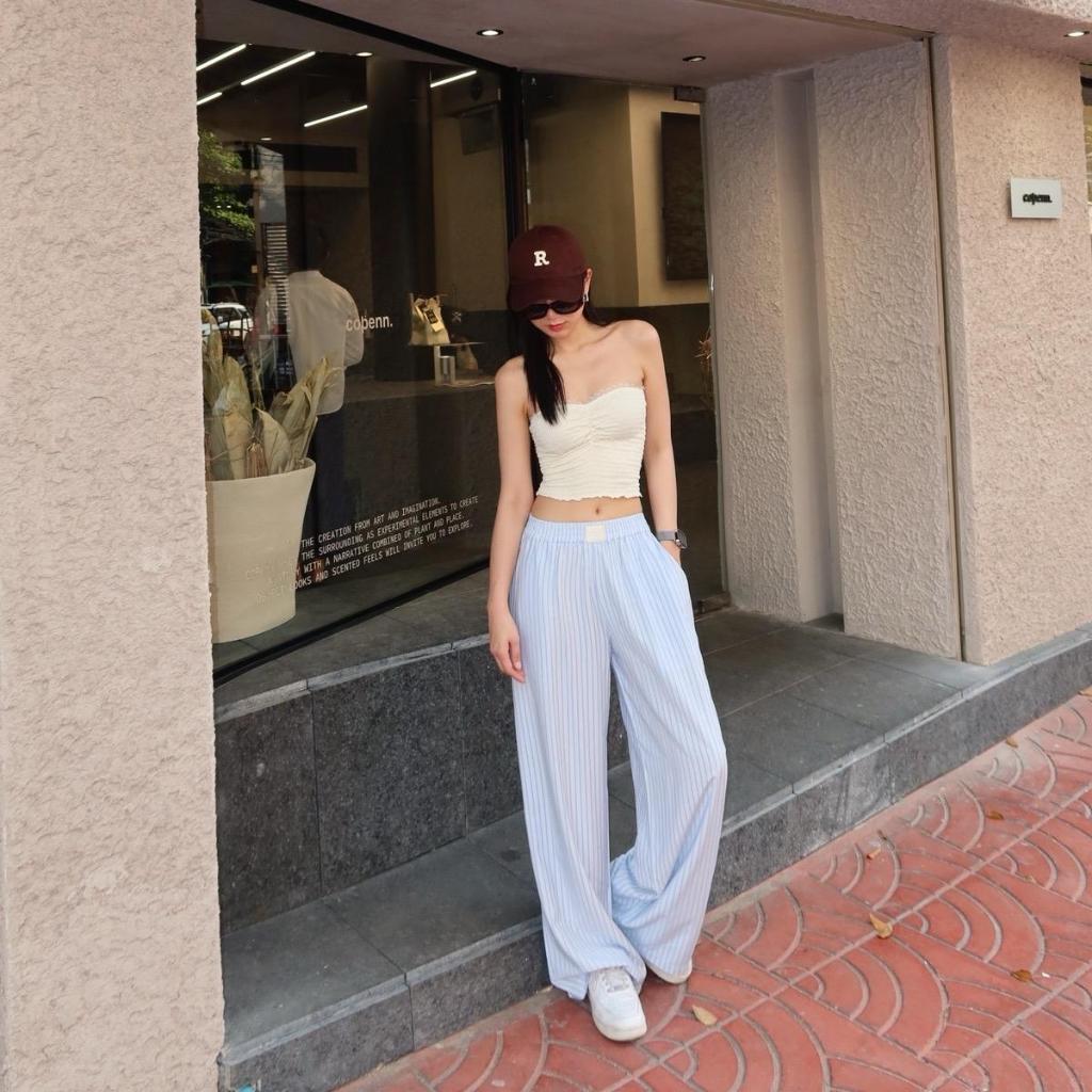กางเกงผ้า Nammon Jeans B90-B93 กางเกงผ้ากระบอกใหญ่ลายทาง ใส่สบาย