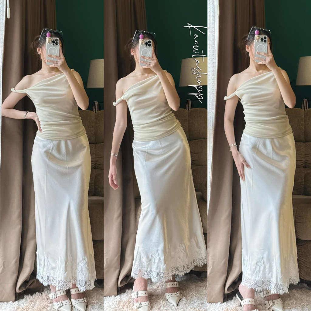 กระโปรงยาว กระโปรงหางปลา ผ้าซาติน แต่งลูกไม้ ปลาย หางปลา เข้ารูป บานปลาย เอวยางยืด ผ้าเงาเกรดเอทิ้งตัว kaewtashop - รูปที่ 3