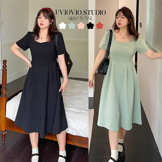 【วันวาเลนไทน์】S-5XL ชุดสาวอวบ เดรสสาวอวบ เดรสผ้าสีพื้น คอเหลี่ยม ชุดเดรสยาวกลางสไตล์ฝรั่งเศส เรียบหรู เดรส