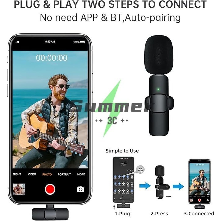 Summer มโครโฟนไร้สายแบบติดปกเสื้อสำหรับ iPhone/Android ไมโครโฟนแบบติดปกเสื้อขนาดเล็กสำหรับการบันทึกวิดีโอ การสัมภาษณ์