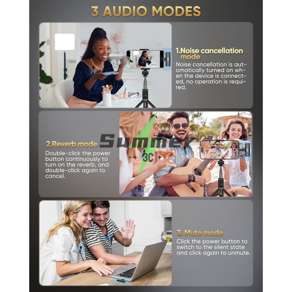 Summer มโครโฟนไร้สายแบบติดปกเสื้อสำหรับ iPhone/Android ไมโครโฟนแบบติดปกเสื้อขนาดเล็กสำหรับการบันทึกวิดีโอ การสัมภาษณ์