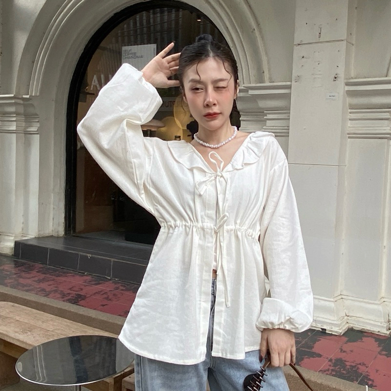 Nara top 💘เสื้อผ้าฝ้ายผสม linin แขนพองแบบยาว คอมีระบายน่ารัก