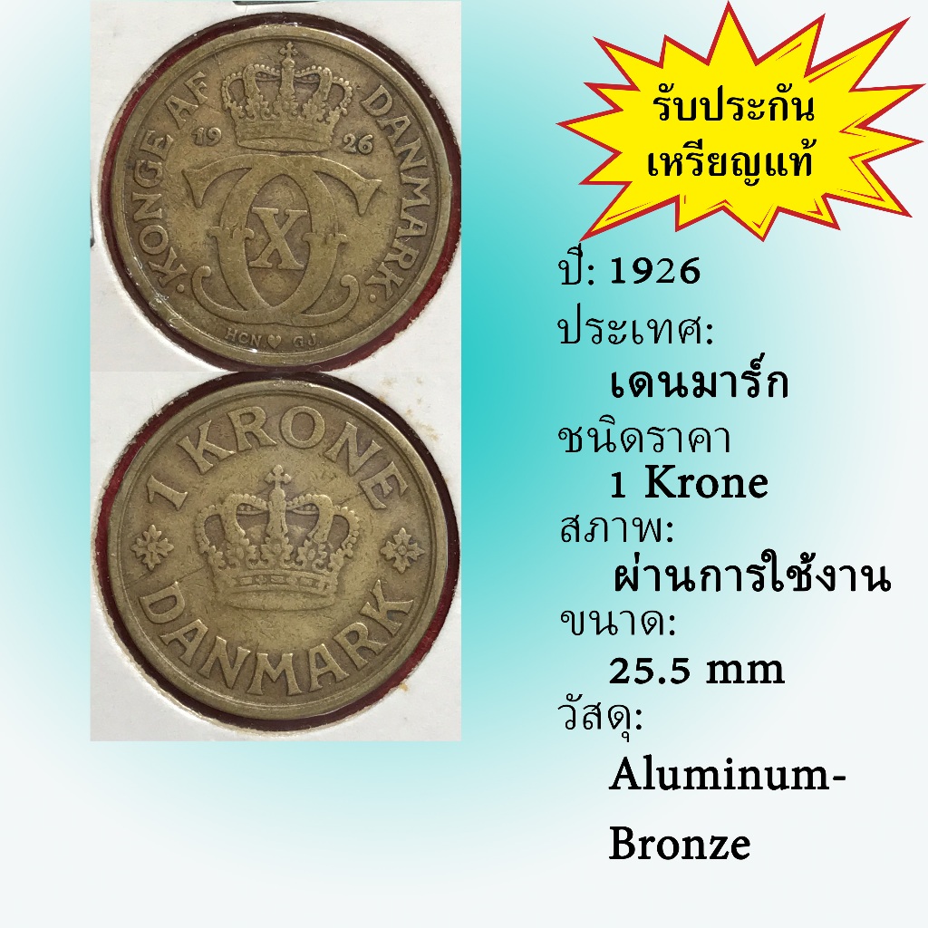 No.61861 ปี1926 Denmark เดนมาร์ก 1 Krone เหรียญต่างประเทศ ของเก่า หายาก น่าสะสม ราคาถูก