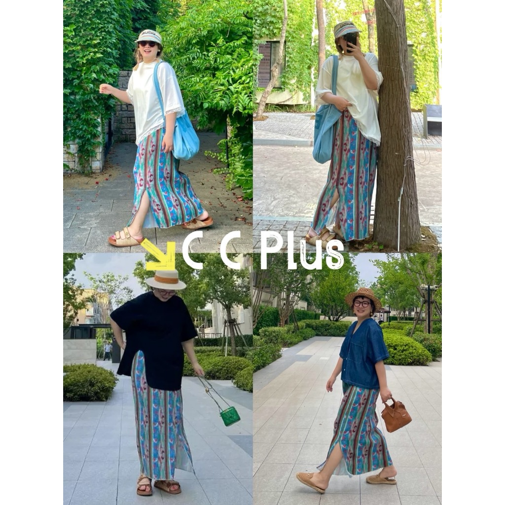 CiCi Plus+(2516) กระโปรงยาวพิมพ์ลาย ผ่าหลัง อัทพลีทกลีบเล็ก เอวสม็อค สไตล์โบฮีเมี่ยน สาวพลัสไซส์