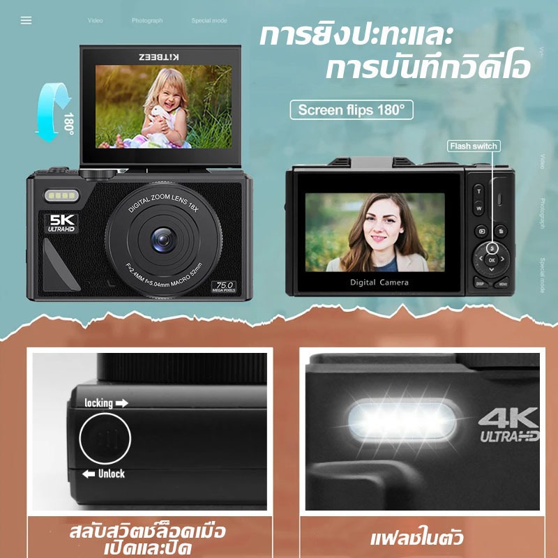 【เลนส์】KiTBEEZ KP-2 กล้องดิจิตอล 75MP 5K ซูม18X พร้อมเลนส์ 52mm 0.45X Wide Angle+Macro กล้องถ่าย vlog พลิกหน้าจอได้180°