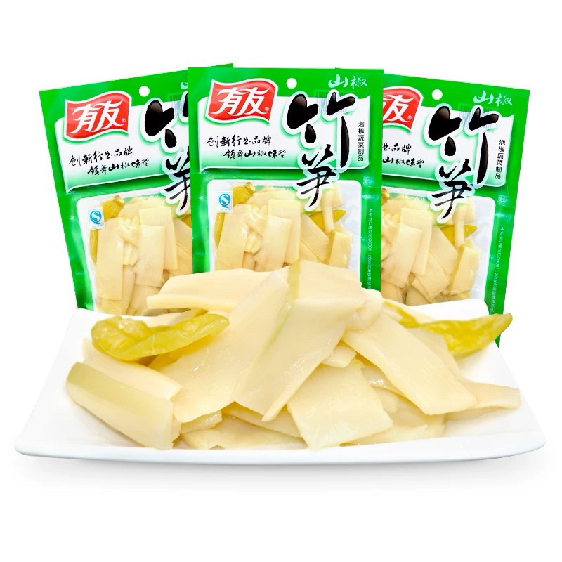 หน่อไม้แผ่นดองพริก พร้อมทาน(友有泡椒竹笋 、竹笋) ขนาด 120g หน่อไม้ดอง หน่อไม้รวกดอง  กับแกล้ม ขนมทานเล่น หน่อไม้