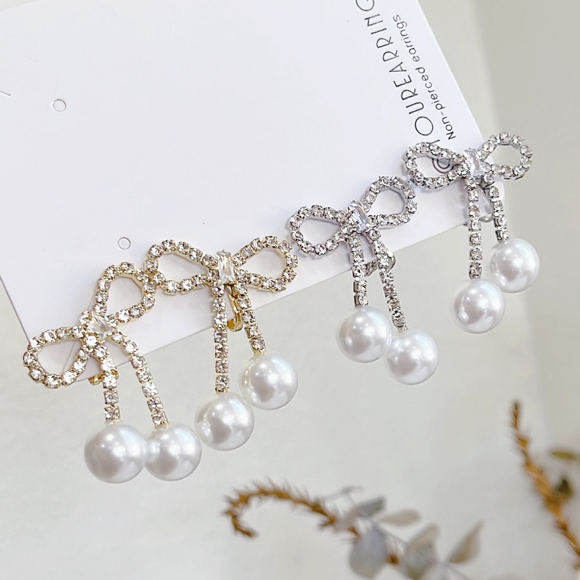 [หนีบ, เจาะ] พร้อมส่งต่างหูหนีบ โบว์มุก สีทอง สีเงิน หรู น่ารัก ต่างหูใส่เที่ยว ต่างหูใส่ออกงาน