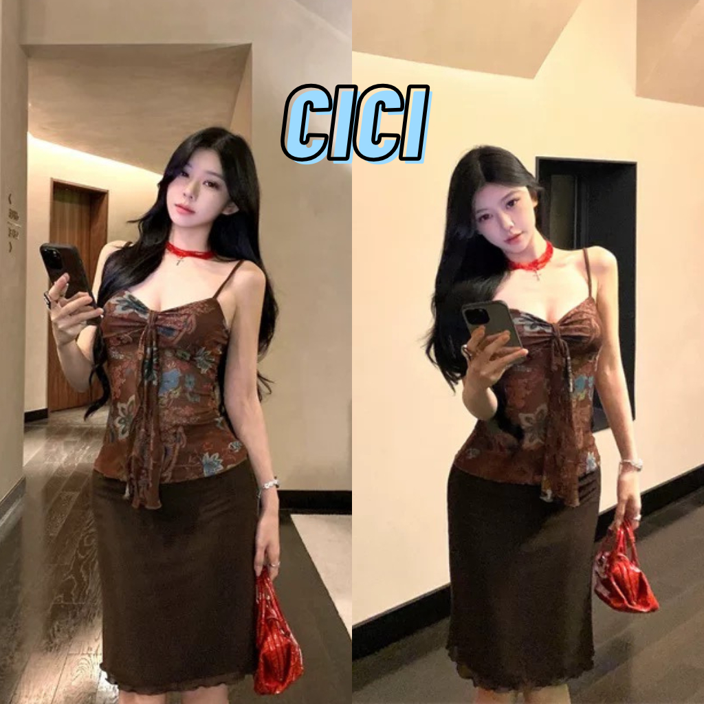 ส่งทันที Cici(NO. H8856) เสื้อสายเดี่ยวสีน้ำตาลเข้ม ผ้าซีทรู สายปรับได้ พิมพ์ลายดอกไม้วินเทจ แถมผ้าผูกด้านหน้า