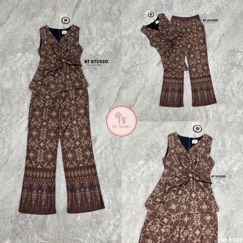 BT 09-9303 เซท 2 ชิ้น เสื้อแขนกุดคอวีตรงกลางแต่งผ้าบิดปลายชายแต่งเว้าเฉียง ซิปหลัง แมทซ์กับกางเกงขาย