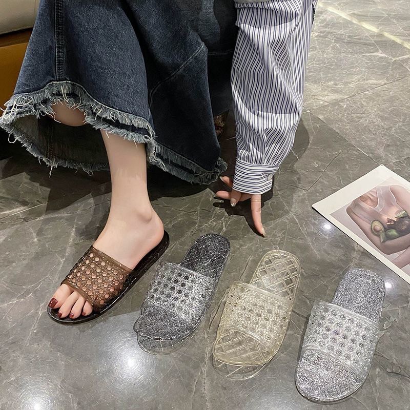 SHO-J4🪅รองเท้าแตะหนังแก้ว รองเท้าแตะยาง คริสตัลส้นแบน แบบสวม ใส่สบาย  กันลื่นอย่างดี 🪅