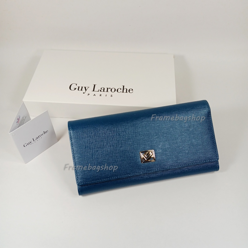 Guy Laroche กระเป๋าสตางค์ผู้หญิงใบยาว สามพับ สีน้ำเงินอมฟ้า หนังลาย อะไหล่สีทอง