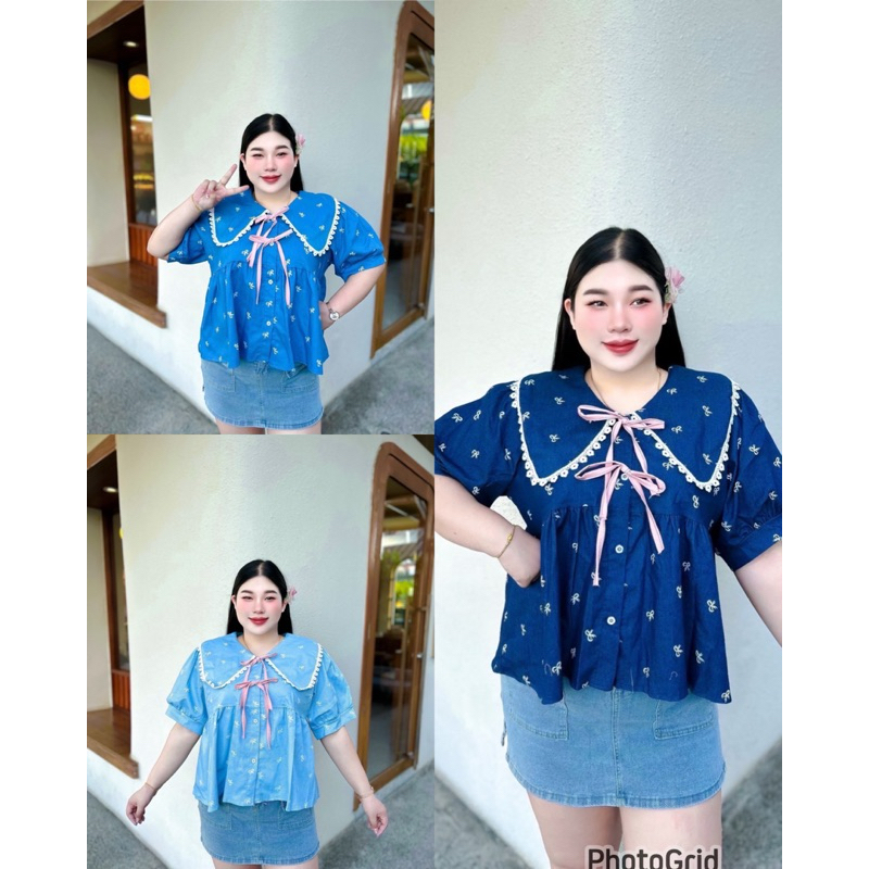 BN611.เสื้อสาวอวบปกบัวขอบดอกไม้งานผ้ายีนส์ลายโบว์ แต่งโบว์ชมพู อก50“