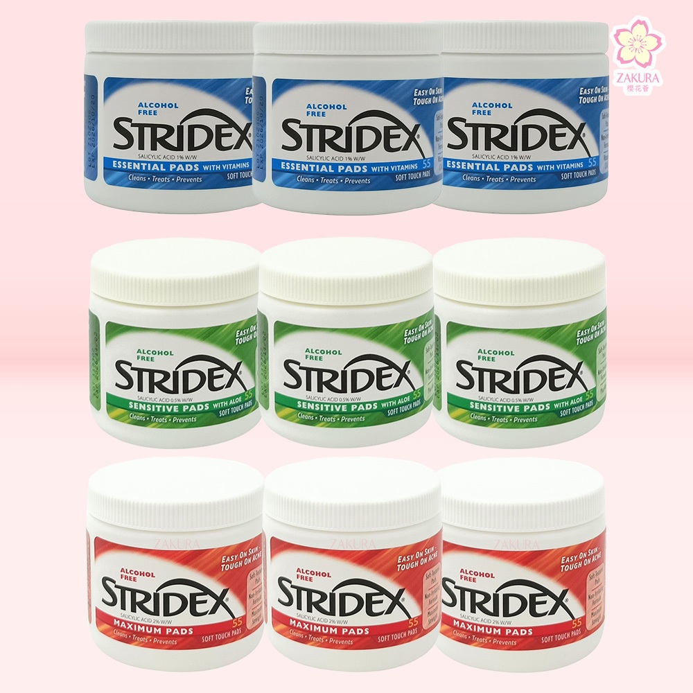 Stridex Salicylic Acid 2% Maximum Pads/Acid 0.5% Sensitive (Green)/Acid 1% Essential (Blue) 55pads