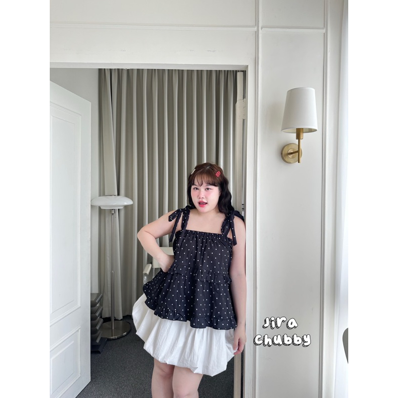 (ส่วนลดvideo/มีส่งด่วน!🔥) Yujin Top💖🎀🌷(JR) เสื้อสายเดี่ยวผูกโบว์ที่ไหล่ลายจุดน่ารัก สาวอวบไซส์ใหญ่ (อก-52) - รูปที่ 5