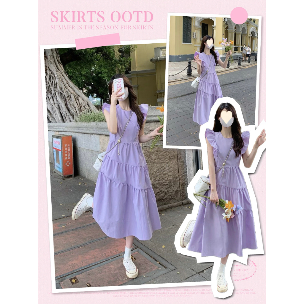 ชุดเดรสผู้หญิง แม็กซี่ สไตล์ฝรั่งเศส ระบาย ผ้าใส่สบาย สีขาว สีม่วง