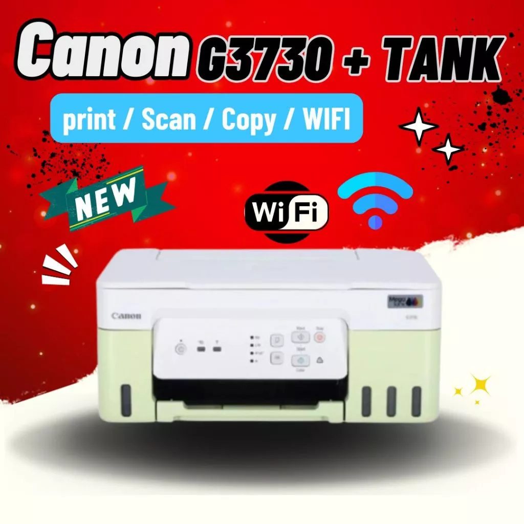 Canon PIXMA G3730 (สีเขียว-ขาว) PRINT+COPY+SCAN+WIFI แทงค์แท้ พร้อม (หมึกพรีเมี่ยมเกรดA 4 สี)