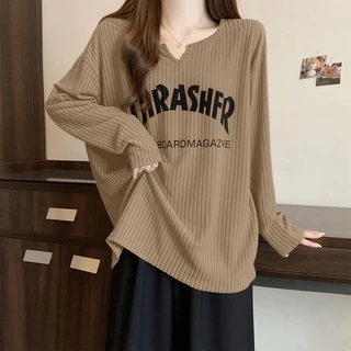 เสื้อยืดโอเวอร์ไซส์ (50-150 กก.) แขนยาว สไตล์เกาหลี คอวี พิมพ์ลายตัวอักษร พลัสไซส์ เสื้อยืด คัตติ้งยาว เสื้อยืดบาง