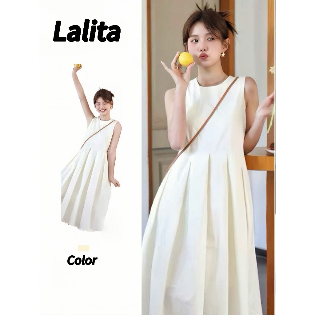 Lalita ชุดเดรสยาว เดรสคอกลม เดรสแขนกุด เสื้อผ้าผู้หญิง เดรสอัดพลีท สีพื้น สไตล์ลําลอง