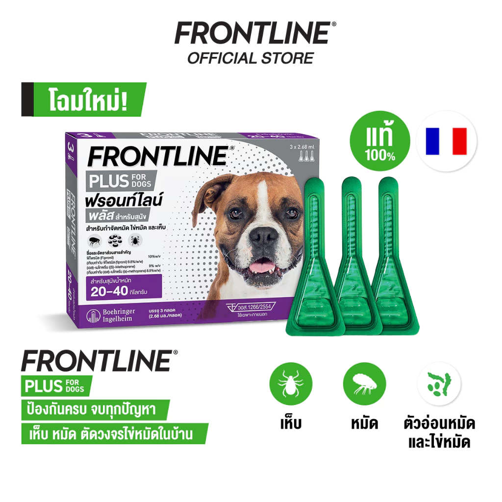 FRONTLINE PLUS DOG Size L (20-40 kg) ฟรอนท์ไลน์ พลัส ยาหยดกำจัดเห็บหมัด สำหรับสุนัข ขนาด L (น้ำหนัก 20-40 กก.)