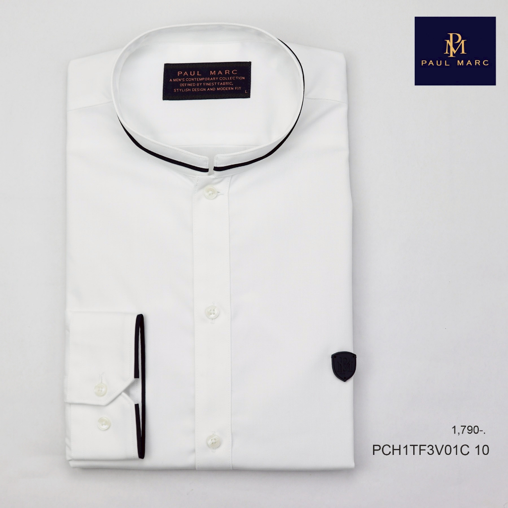 PAUL MARC เสื้อเชิ้ตคอจีนแขนยาวสีขาว signature twill slim fit ผ้านุ่มสบาย ยับยากรีดง่าย  PCH1TF3V01C