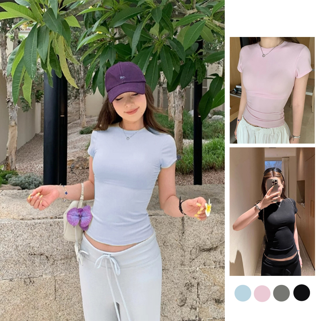 เสื้อยืดแฟชั่น เสื้อคอกลม แขนสั้น M-2XL ผ้าคอตตอนผสมสเปนเด็กช์ เนื้อผ้านิ่ม ยืดได้เยอะ ดีไซน์ทรงเข้ารูป t321#