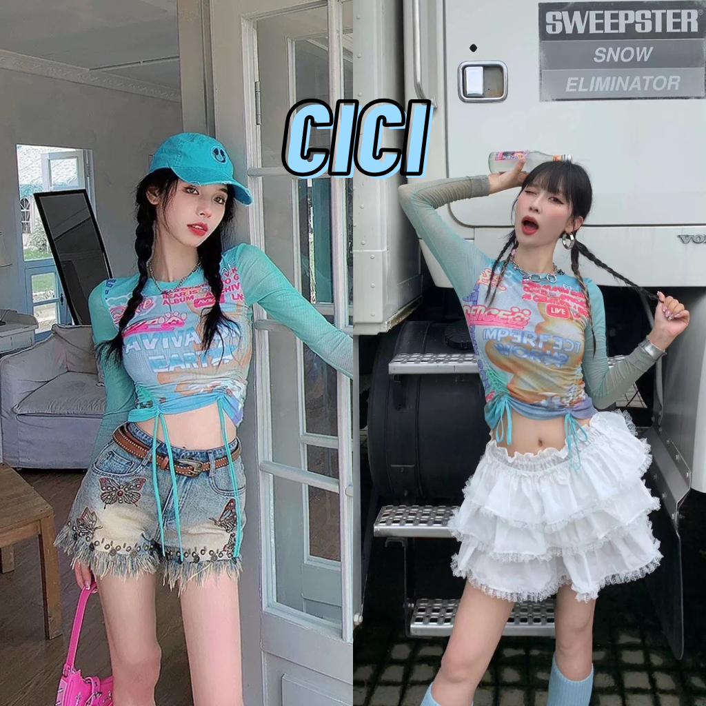 ส่งทันที Cici(NO. J1769) เสื้อแขนยาวซีทรู พิมพ์ลายตัวอักษร ดีเทลเชือกรูดด้านข้าง ใส่เส่นน้ำแบบเก๋ๆ