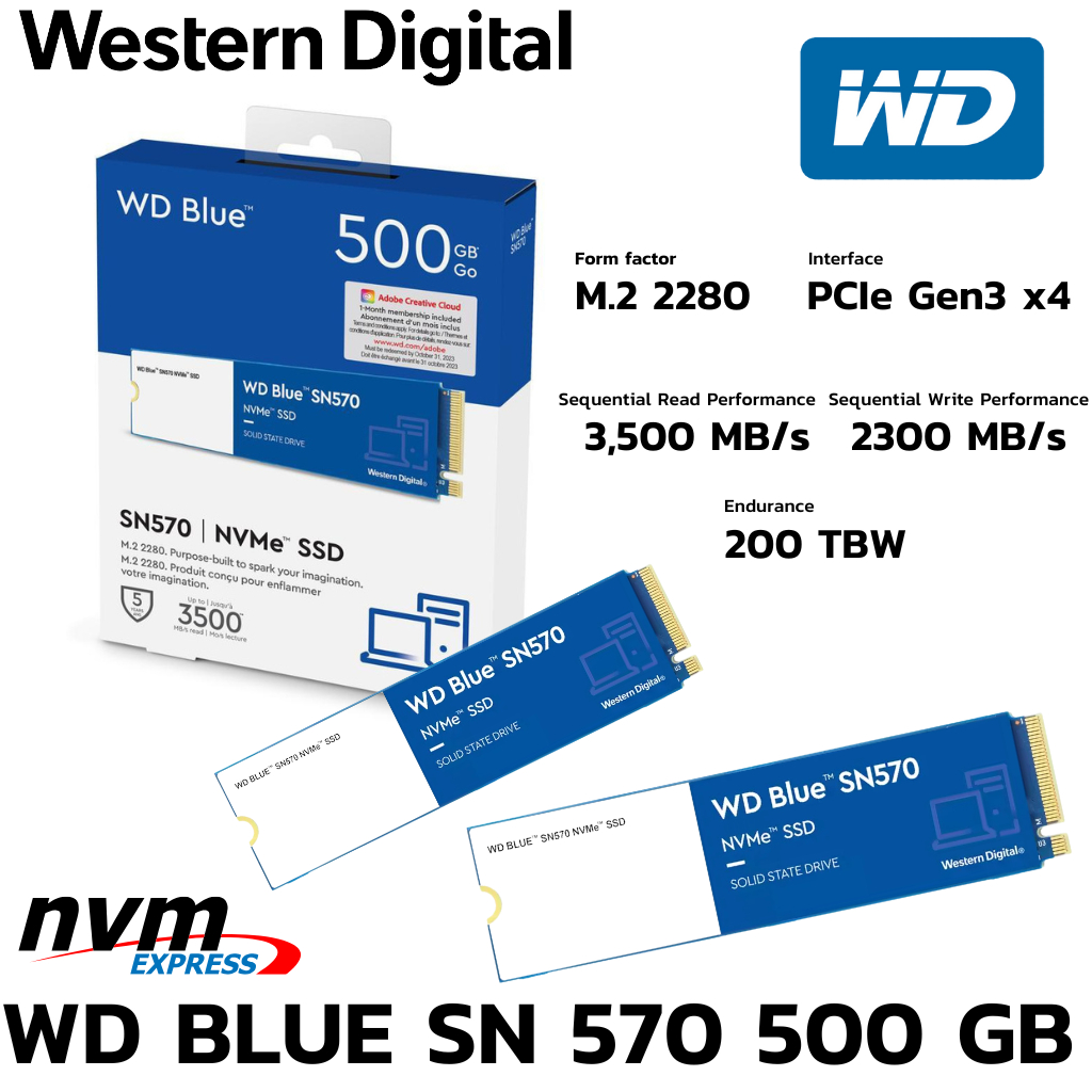 M.2 NVME 500GB SSD WD BLUE SN570 - PCIe 3/NVMe M.2 2280 (เอสเอสดี)