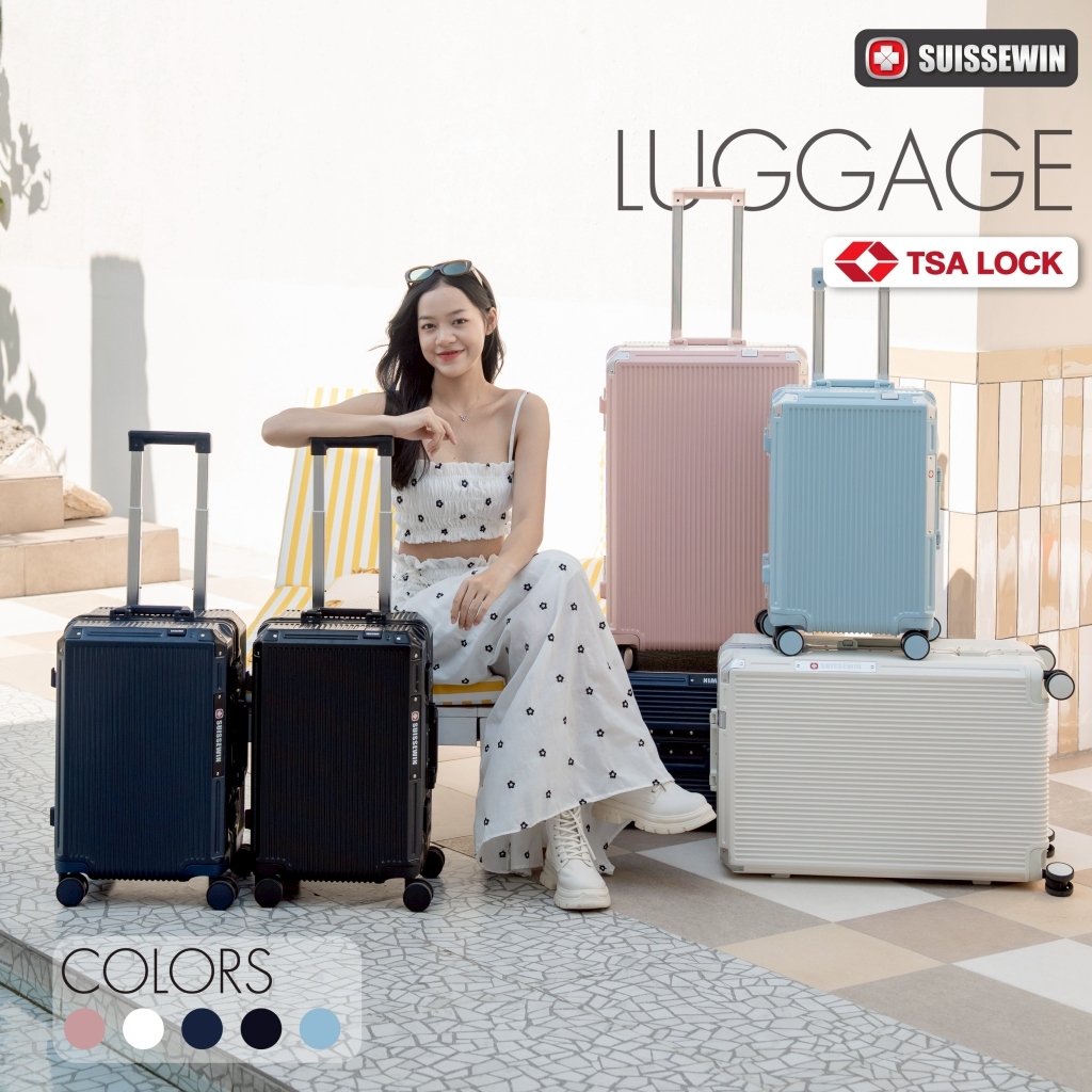 กระเป๋าเดินทางล้อลากรอบโลก TSA Lock เฟรมอลูมิเนียม วัสดุ PC มีช่องเสียบ USB มีที่วางแก้ว SC700