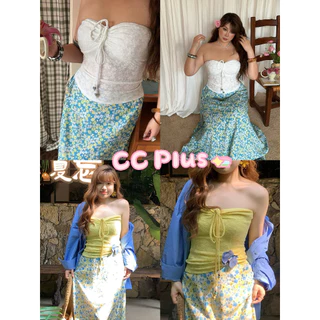 CiCi Plus+(H8822-1) เสื้อเกาะอกปักลายดอกไม้ มีซับในตรงอก ซัมเมอร์ สไตล์สาวพลัสไซส์