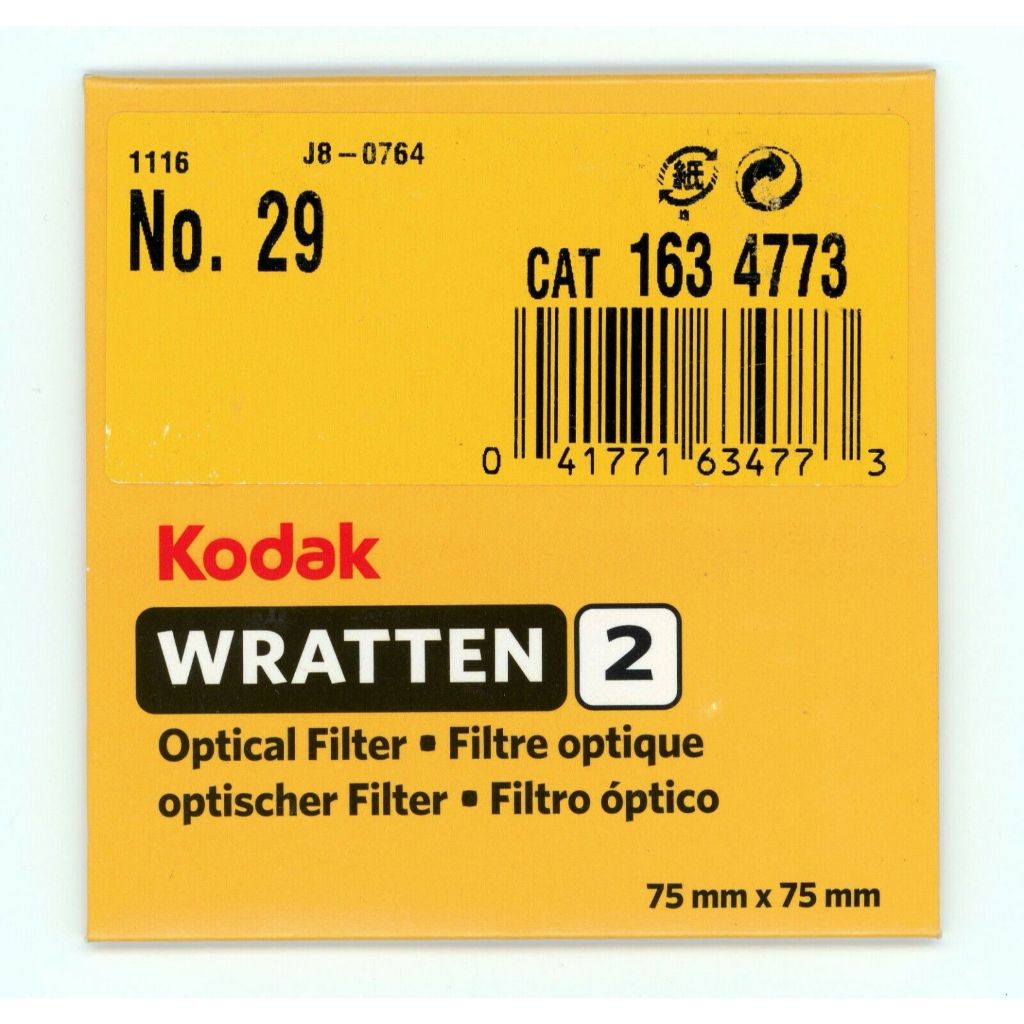 Kodak Wratten 2 No. 29 Gelatin 75mmx75mm 3X3" Filter