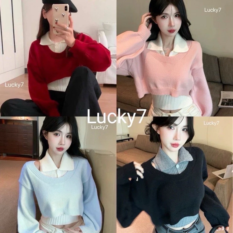BY IRA 💜พร้อมส่ง💜 (2102) Crop Tops Alaska เสื้อแขนยาวครอป +กล้ามไหมพรม สไตล์เกาหลี สีพาสเทล ผู้หญิง คาวาอี้ สไตล์เกาหลี