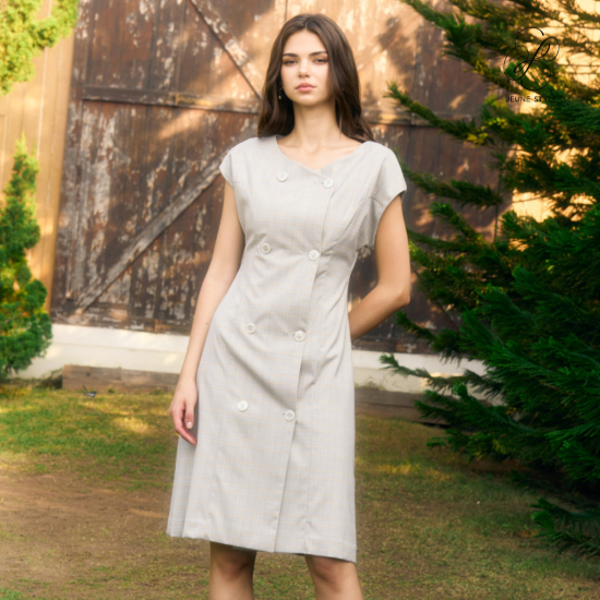 Jeune Style Front Button Midi Dress มิดิเดรสสีเทาแขนล้ำ JS249E11