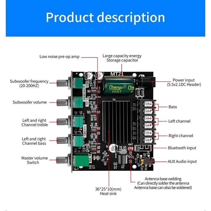 แอมป์จิ๋ว ZK-MT21/TB21 ดิจิตอลบลูทูธ 5.0 เครื่องขยายเสียงโมดูล 50W * 2 + 100W กำลังสูง 2.1 ช่องสัญญาณบลูทูธเครื่องข
