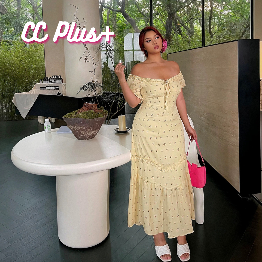 CiCi Plus+(3371) เดรสยาวสีเหลืองพิมพ์ลายดอกไม้จิ๋วๆ เชือกรูดได้ ซิปหลัง มีซับใน สไตล์สาสพลัสไซส์