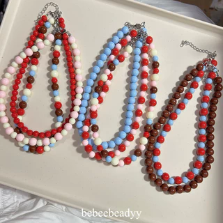 (พร้อมส่ง) สร้อยคอลูกปัดอะคลีริคเม็ดกลม 🍒🍹💙 | สร้อยลูกปัดเม็ดใหญ่ สีสันสดใส (อะไหล่สแตนเลส)
