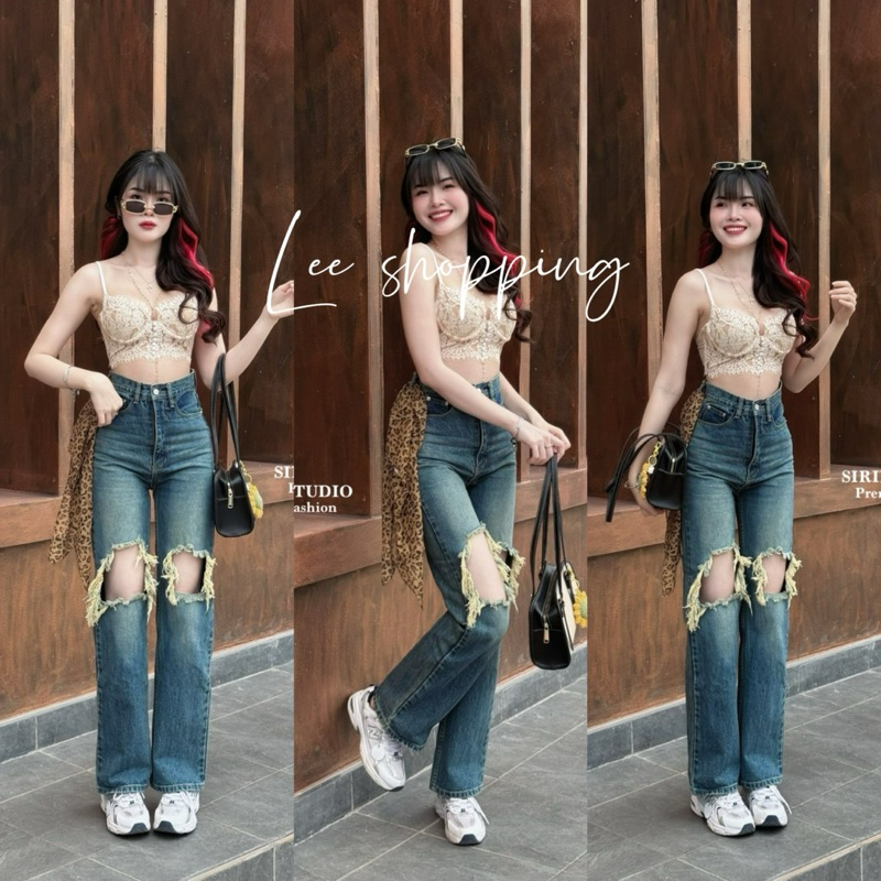รหัสA9416 ให่มล่าสุดกางเกงยีนส์ งานกระบอกกลางกึ่งให่ญเอวสูงปี๊ดแต่งขาดเชอร์ ป้ายSIRINAN STUDIO