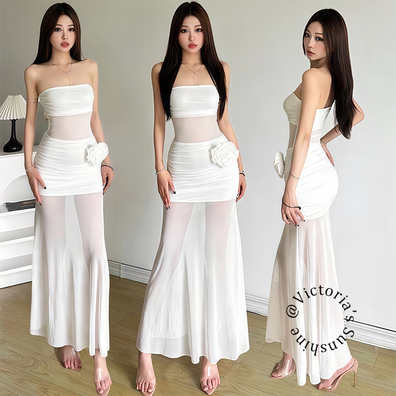 เดรสยาวสีขาว ทรงเกาะอกผ้าตาข่ายมีซับใน ช่วงเอวและท่อนล่างซีทรู แถม!เข็มกลัดดอกไม้ Dress ออกงาน#0847