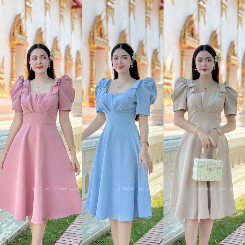 D05 งานเดรสจีบตรงอก แต่งโบว์5สี  #รุ่นจีบอก ยาว41-42“ (งานสีขาวใส่ซับในคะ)
