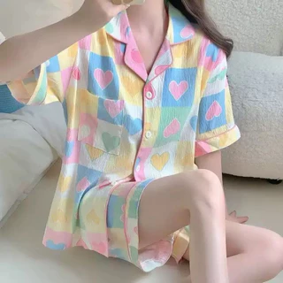 🎀ชุดนอนผ้าไหมญี่ปุ่น🎀 ชุดนอนแฟชั่น เสื้อแขนสั้น กางเกงขาสั้น ลายการ์ตูนน่ารัก ผ้านุ่มเกรดพรีเมียมr