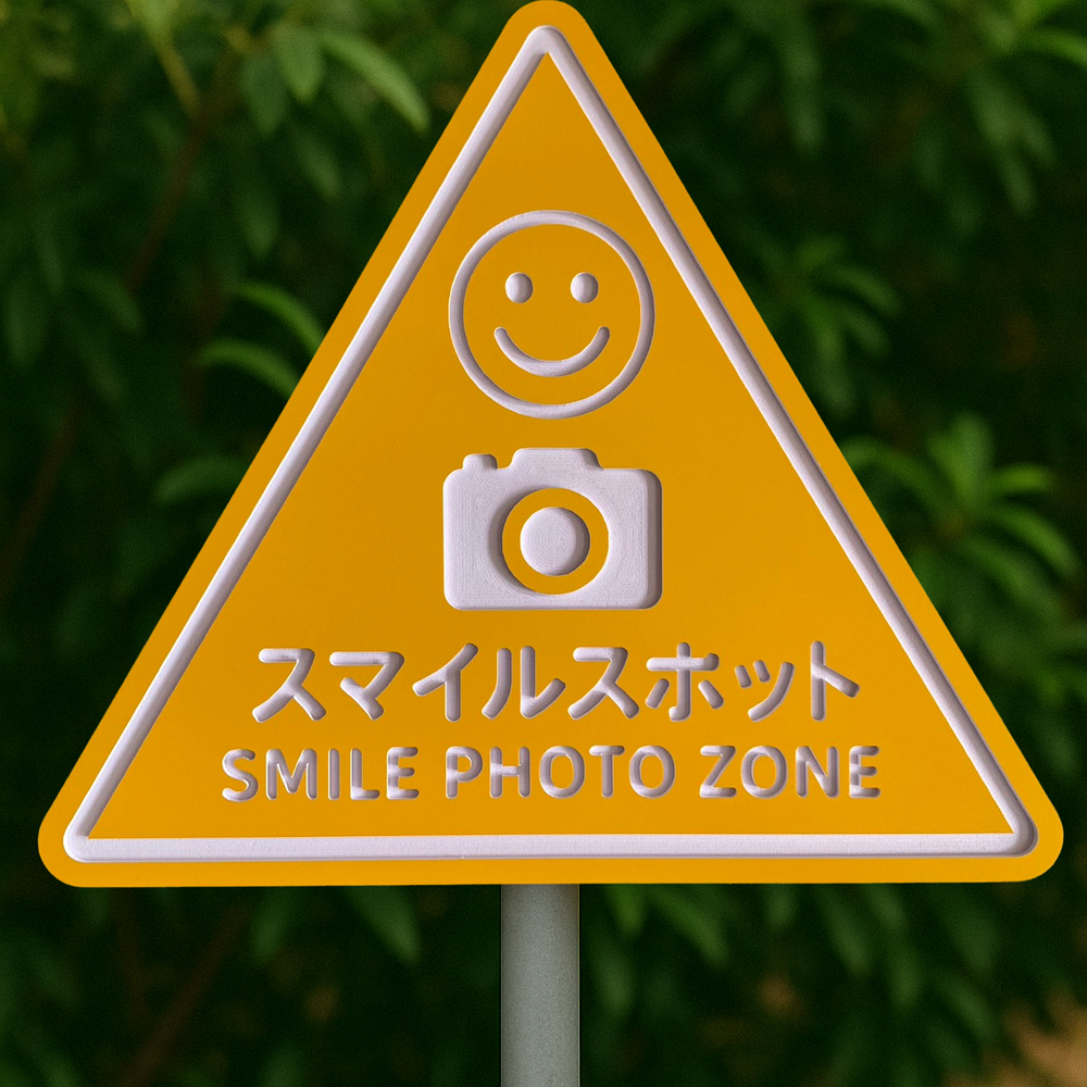 ป้ายร้านกาแฟ ตั้งหน้าร้าน ป้าย Smile Photo Zone ญี่ปุ่น สามเหลี่ยม สีเหลือง รอยยิ้ม สไตล์มินิมอล