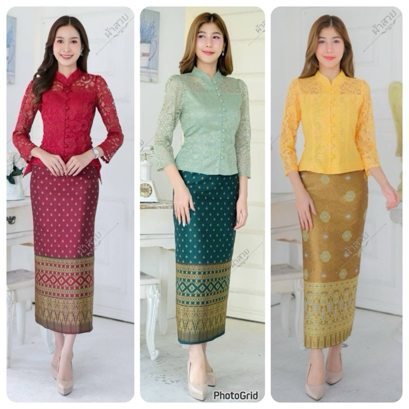 เสื้อลูกไม้คอจีน กระดุมหน้า ไซซ์ 32-46 ขายแยกและทั้งชุดก็พร้อมส่ง มีหลายสี
