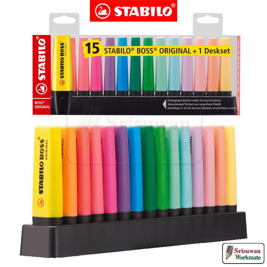 Stabilo 7015-01-5 Boss Original Desk Set 15 สี ปากกาเน้นข้อความ พร้อมแท่นวาง ไฮไลท์ สีนีออน สีพาสเทล สตาร์บิโล
