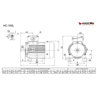 มอเตอร์HASCON 2.2kW 4P B3 M 100L 380V มอเตอร์ 3แรงม้า 1440 รอบ แบบขาตั้ง ไฟ 3สาย 380V เพลา 28 มิล