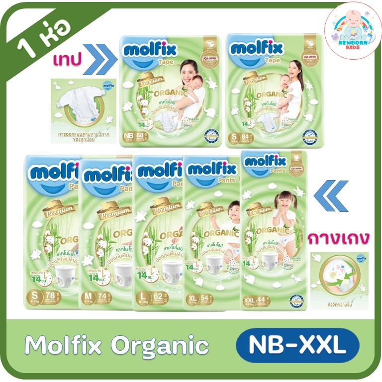 (1 ห่อ) Molfix ผ้าอ้อมเด็กโมลฟิกซ์ ออแกนิค ระบุไซส์ เทปและกางเกง NB-XXL