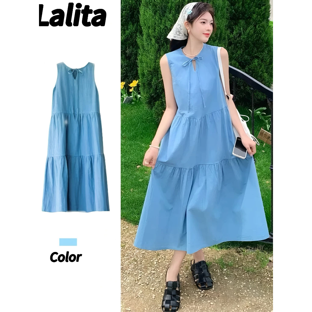 Lalita เดรสยาว เดรสแขนกุด เดรสคอกลม เนื้อผ้าใส่สบาย ชุดเที่ยวทะเล เดรสหลวมๆ ชุดไปคาเฟ่ ชุดสวย